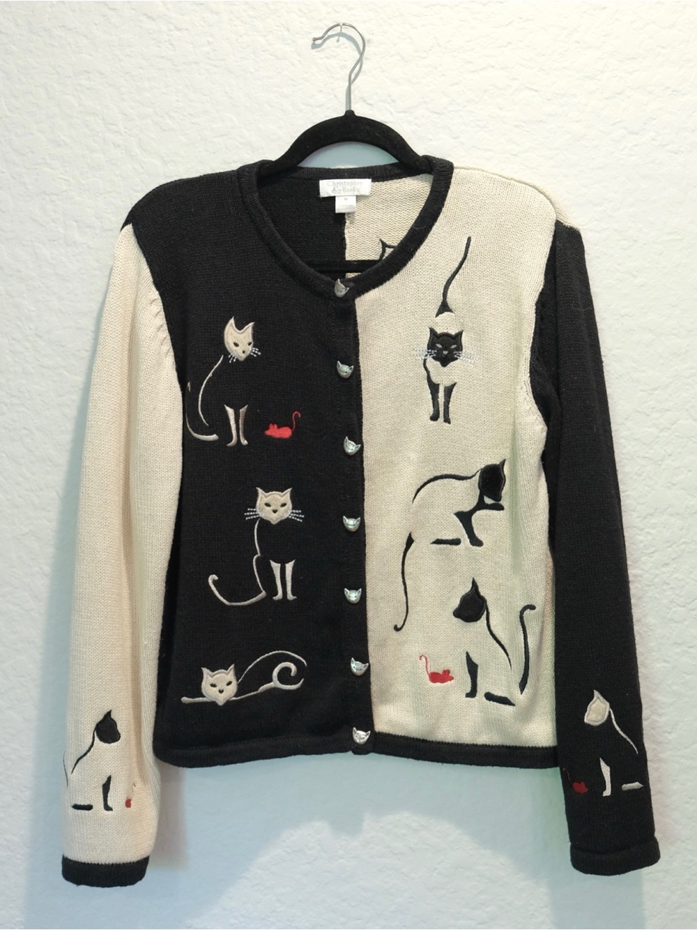Vintage Cat Embroidered Cardigan Sweater Size M Christopher & Banks Black Beige